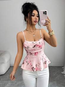 SHEIN Elenzya Mejor vendido Parte superior de camisola con estampado de rosas, tirantes finos, cintura fruncida y bajo acampanado, ideal para vacaciones de verano - Rosa - Ver 5
