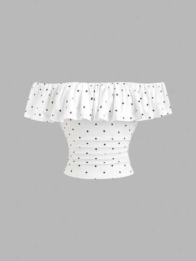 Sweetra Women's Polka Dot Off Shoulder Short Sleeve Blouse, Summer