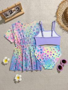 SHEIN 年轻女孩夏季连体吊带泳衣/两件套，带防晒衣和和服/甜甜圈印花，适合海滩度假 - 彩色 - 查看 2