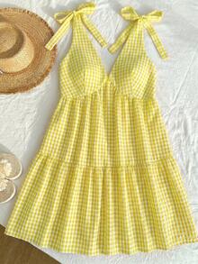 Comfortcana Đầm nữ cỡ lớn cổ chữ V kẻ caro đen trắng buộc dây, kiểu dáng thường ngày, thích hợp cho kỳ nghỉ. - Màu vàng - Xem 6