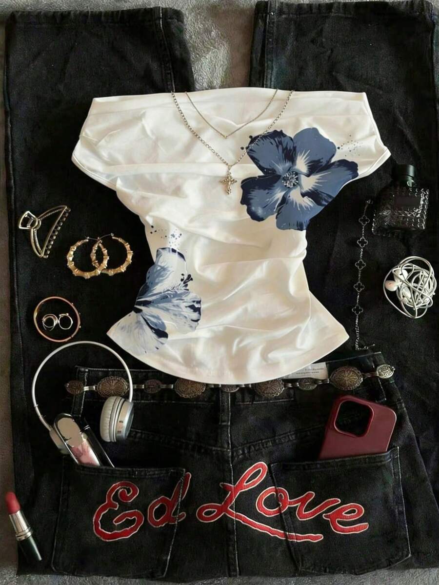 SHEIN 大码女式印花露肩褶皱休闲百搭日常上衣 - 彩色 - 查看 1