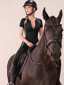 With My Calm With My Calm Women's Contrast Color Raglan Sleeve Zipper Front Equestrian Jumpsuit - Black - View 5