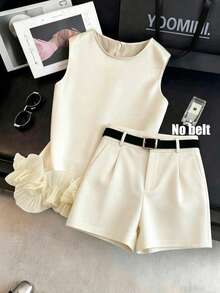 SHEIN Franclia Conjunto de 2 piezas de mujer con camiseta de tirantes con volantes en el bajo y shorts casuales con bolsillos - Albaricoque - Ver 1