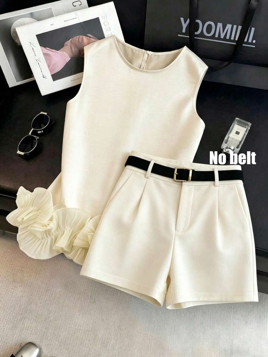 SHEIN Franclia Conjunto de 2 piezas de mujer con camiseta de tirantes con volantes en el bajo y shorts casuales con bolsillos - Albaricoque - Ver 1