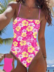 Swim Vcay Fashionable Ditsy Floral With Geometric Trim Design One-Piece Swimsuit, Popular For Beach Wear In Spring/Summer - Hot Pink - View 3