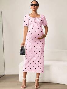 MaterniWear Đầm bầu in chấm bi, thắt nơ phía trước, tay ngắn kiểu cánh hoa. - Hồng - Xem 6