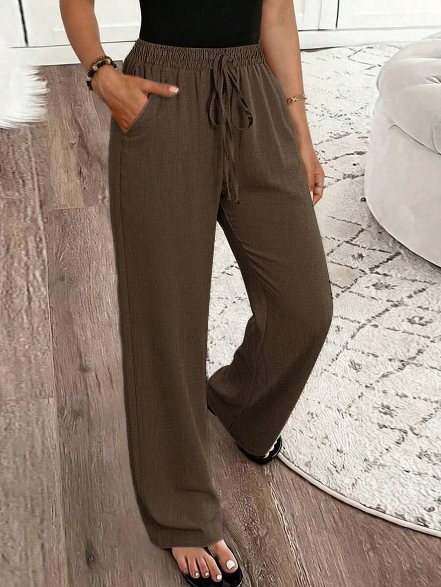 SHEIN PariChic Women's Casual Linen-Like Texture Straight Leg Pants, Spring/Summer - Brown - View 1