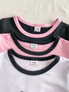 SHEIN Playful Pals 6件套女婴休闲日常黑色、粉色、白色圆领短袖上衣和松紧腰短裤套装，适合户外玩耍或舒适的春夏穿着。 - 彩色 - 查看 4
