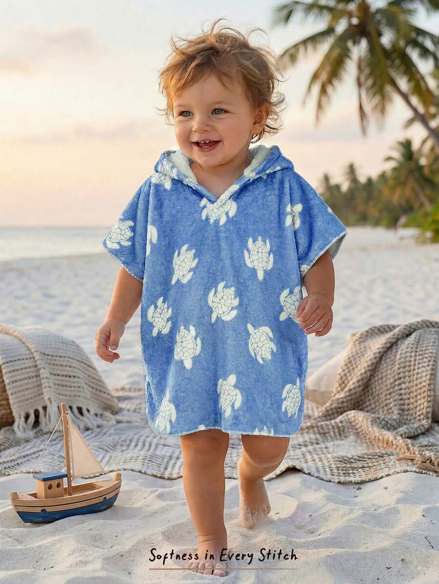 Cozy Pixies Baby Boy Cartoon Pattern Knit Soft Hooded Sleeveless Cover Up - Dusty Blue - View 1