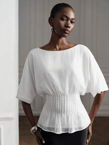 Aveloria Modichic Women's Solid Color Pleated Casual Blouse, Suitable For Spring/Summer Daily Wear, Commute, Office, Dating, Holiday Gathering - White - View 3