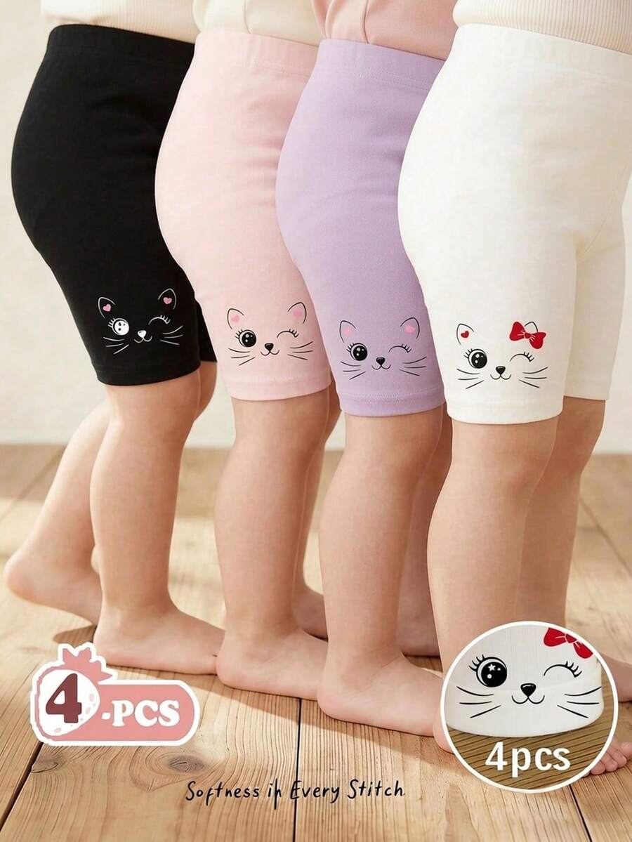 Bộ 4 chiếc quần legging co giãn in hình mèo hoạt hình, nơ, trái tim dễ thương cho bé gái, kiểu dáng thường ngày, đa năng. - Nhiều màu - Xem 1