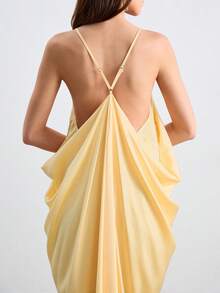 CielaLinda Women's Pale Yellow Summer Seductive Vacation Dress,Satin Spaghetti Strap Ruched Draped Cowl Neck Elegant Flowy Midi Chic Minimalist Wedding Guest - Light Yellow - View 1