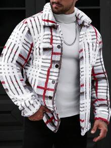 Manfinity CasualCool Abrigo de forro polar de manga larga con contraste de color a cuadros para hombres - Rojo - Ver 4
