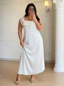 Auralis Summer Elegant White Silky Satin Dress For Wedding Guest,Plus Size Square Collar Ruffle Lace Patchwork Mermaid Maxi Party Gown - Apricot - View 6