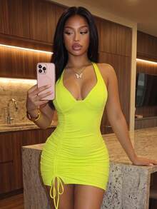 Slaydiva Lime Green,Summmer,Techno,Night Out Club,Rave, Halter Neck Drawstring Gathered Slit Mini Bodycon Dress With Bra Cup,Music Festival Party Outfits - Yellow - View 6