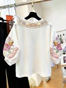 Resyla Women's Floral Embroidered Round Neck Elegant Blouse, Summer - Multicolor - View 2