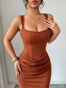 Selianne Đầm hè gợi cảm mới, đầm đen, cổ vuông kiểu Pháp, viền corset giả, dáng đuôi cá, thiết kế xếp ly eo, đầm đuôi cá, đầm dự tiệc cưới, thích hợp cho kỳ nghỉ, hẹn hò, tiệc tùng, ngày Valentine, đám cưới. - Màu nâu  Mocha - Xem 7