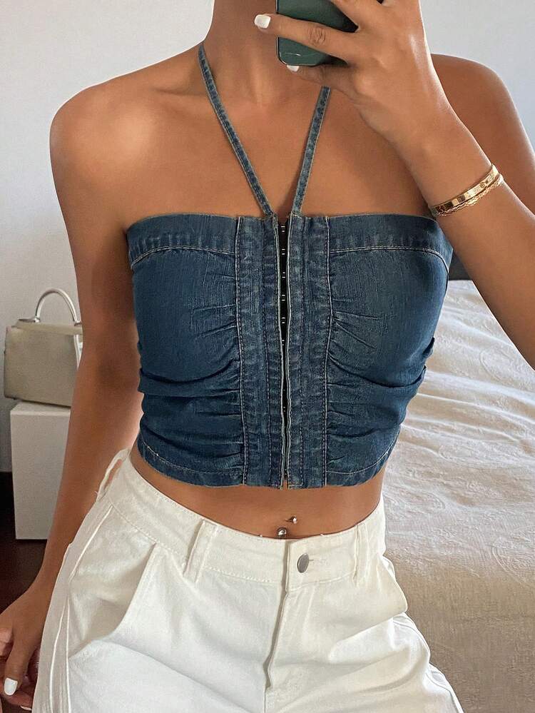 Women's Summer Pleated Bandeau Halter Tie-Up Casual Sexy Denim Crop Top