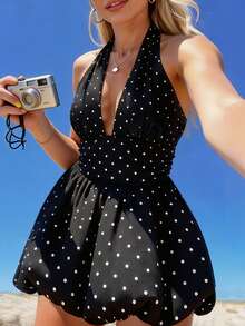 Franclia Women's Polka Dot Print Backless Mini Halter Dress - Black - View 4