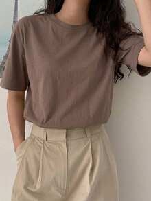 DAZY 女士休闲纯色基础款短袖T恤 夏季 - 棕色 - 查看 8
