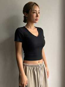 DAZY Kaos Lengan Pendek Polos Kasual, Atasan Crop Top Musim Panas Serbaguna, Pakaian Sehari-hari Warna Hitam - Hitam - View 4