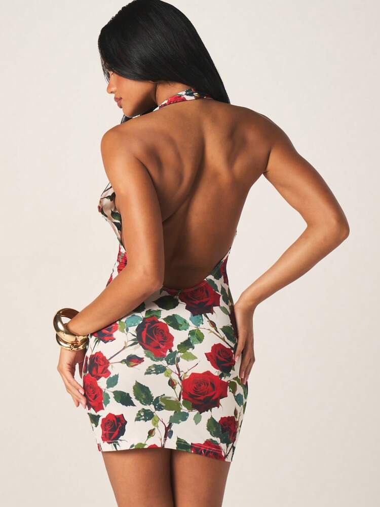 MISSGUIDED Floral Rose Print Halter Neck Bodycon Mini Dress With Deep V Plunge Neckline For Date Night Party Summer Occasions