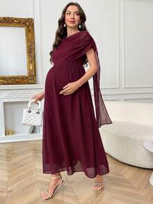 SHEIN Maternity Solid Color Pleated Casual Vacation Dress - Burgundy - View 6