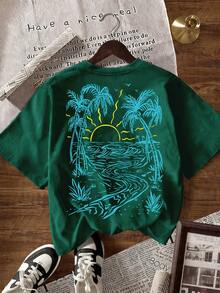 EMERY ROSE Women's Palm Tree Print Round Neck Short Sleeve T-Shirt - Dark Green - View 6