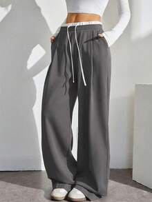 SHEIN Tall 女款休閒百搭寬鬆長褲，適合高個女性 - 灰色 - 查看 4