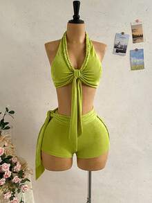 Soleia Conjunto de 2 piezas de top halter plisado con nudo delantero y shorts con cintura anudada para mujer - Verde - Ver 4