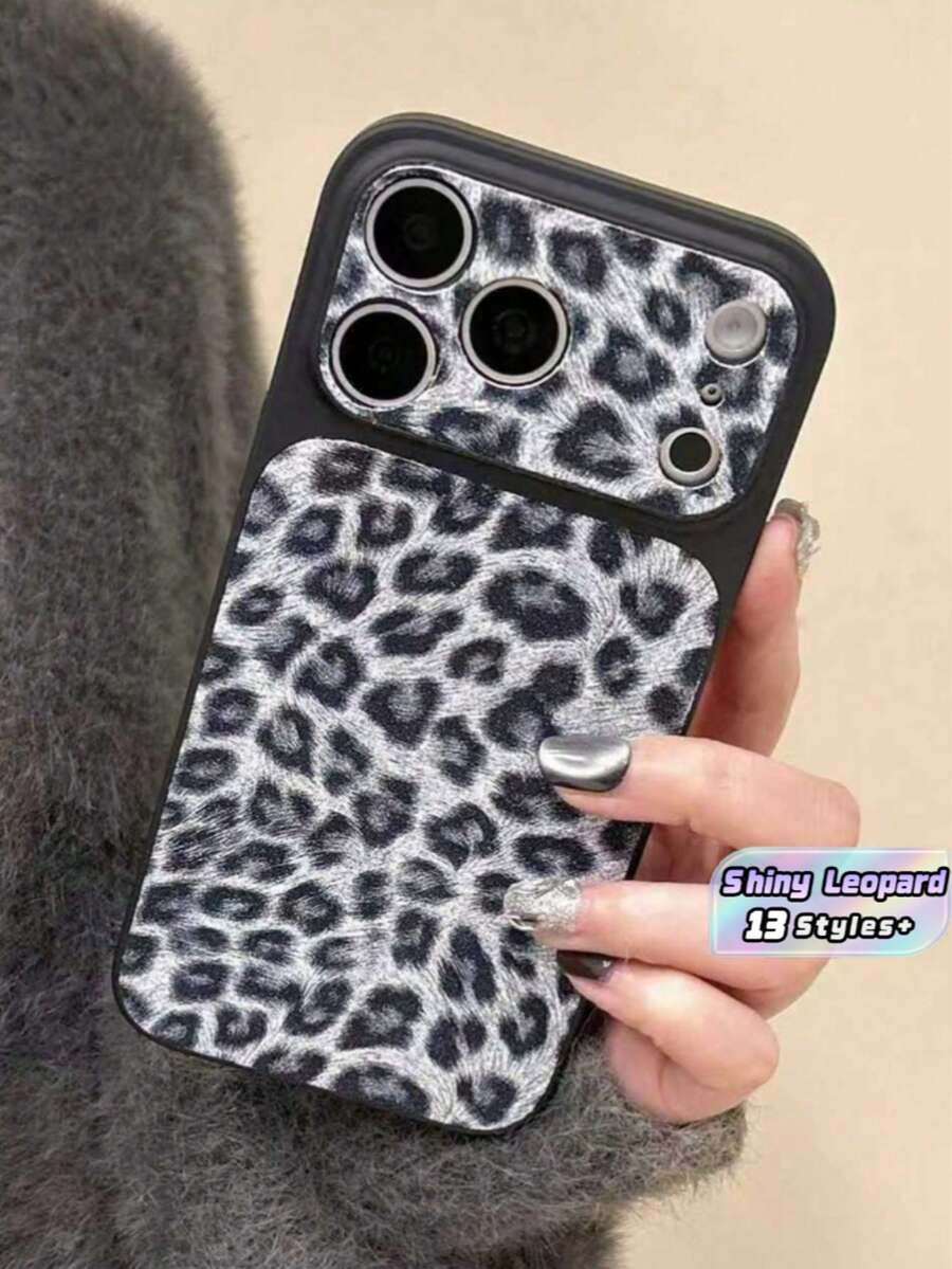 1 pieza Funda de teléfono con protección de lente con estampado de leopardo brillante, compatible con 17 Pro Max, 16, 15, 14 Pro Max, 13, cubierta trasera de moda creativa y única - Negro - Ver 1