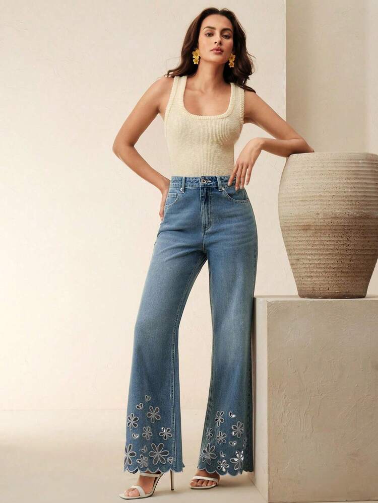Women's Elegant Flared Blue Jeans With Embroidery & Hollow-Out Details, With Pockets