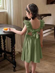 LMoss Kids Young Girl Woven Solid Color Square Neck Ruffle Hem Casual Dress - Olive Green - View 9