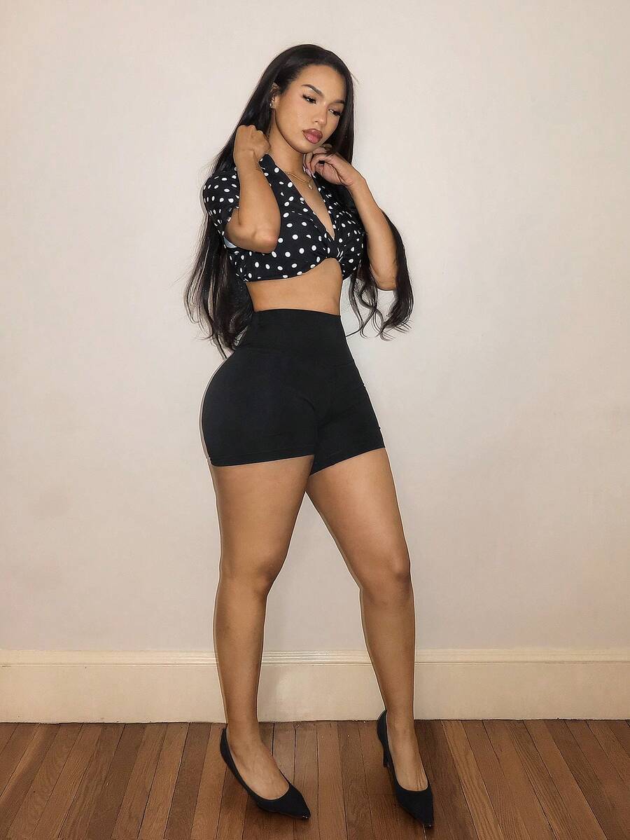 SHEIN BamGlam 女士波点休闲百搭日常短款衬衫 - 黑色 - 查看 1