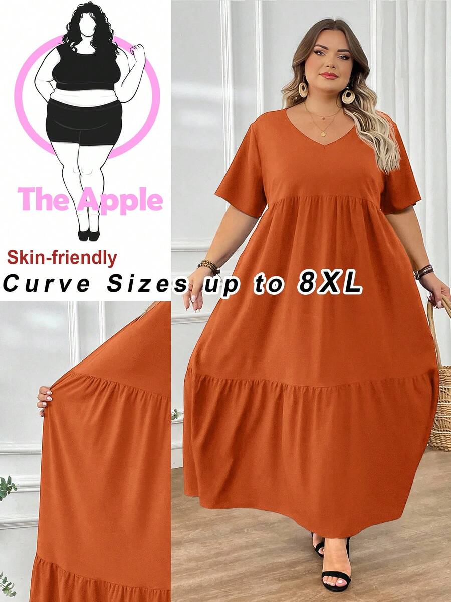 SHEIN CURVE+ 大码长款沙滩度假连衣裙 波西米亚风 夏季/乡村/沙滩度假装/沙滩装/沙滩服饰 - 鏽棕色 - 查看 1