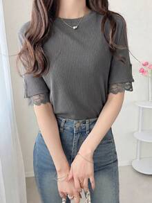 FRIFUL Women's Solid Color Round Neck Contrast Lace Short Sleeve Casual T-Shirt - Dark Grey - View 5