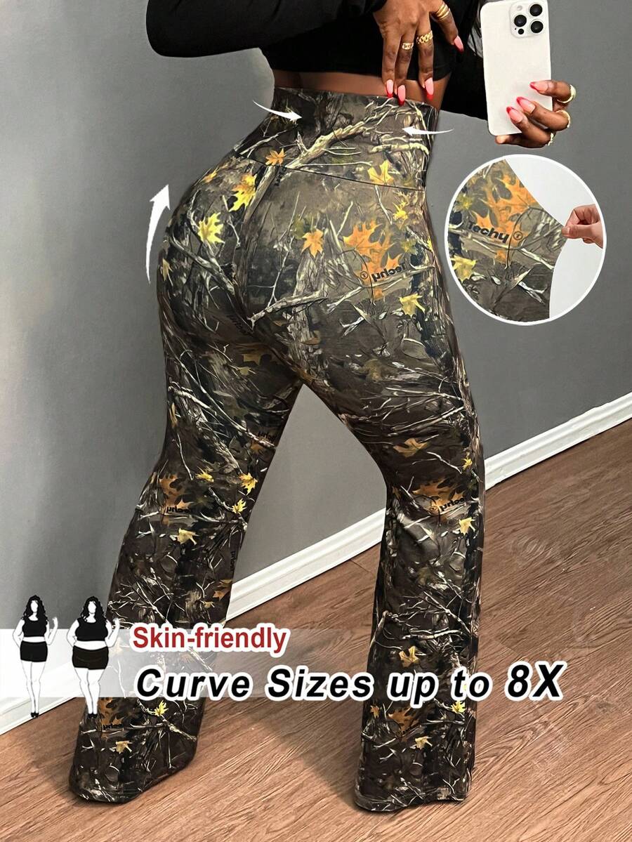 SHEIN CURVE+ Leggings de mujer de talla grande, de ajuste ceñido y largo, con diseño cruzado de cintura alta y estampado minimalista en inglés, adecuados para fiestas y para las temporadas de primavera y otoño - Multicolor - Ver 1