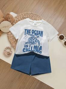 SHEIN 2pcs/Set Baby Boy/Girl Funny Sea Turtle Animal Print Round Neck Knit Top T-Shirt And Shorts,Blue White Stripe,Summer,Casual,Beach,Holiday 2-Piece Set - Blue - View 2