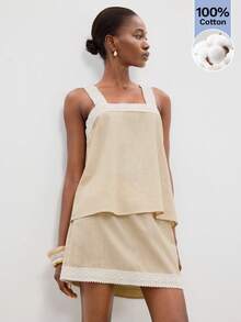 Maija Women's Contrast Lace Camisole And Shorts Casual 2 Pieces Set - Khaki - View 1
