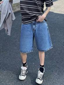 SHEIN 青少年男童休闲水洗斜插口袋直筒牛仔短裤，夏季 - 中等水洗藍 - 查看 3