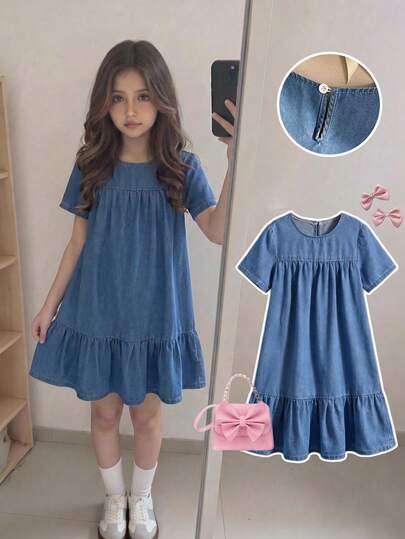Girls' Denim A-Line Dress, Summer New Casual Sweet Cute Versatile Loose Fit Ruffled Hem Design, Soft Cotton Faded Light Blue, Suitable For Vacation, Casual Wear