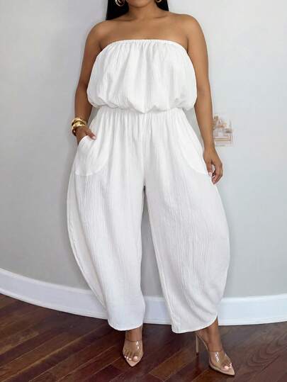 Slaydiva Bộ jumpsuit mùa hè thanh lịch dành cho nữ, màu xanh lá cây, không dây vai, eo chun, dáng rộng, kiểu harem, trang phục thường ngày năng động, đi nghỉ mát, phong cách đường phố thời thượng dành cho phái nữ.