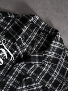 PAVTROS Men's Casual Plaid Letter Print Shirt, Summer - Black and White - View 5