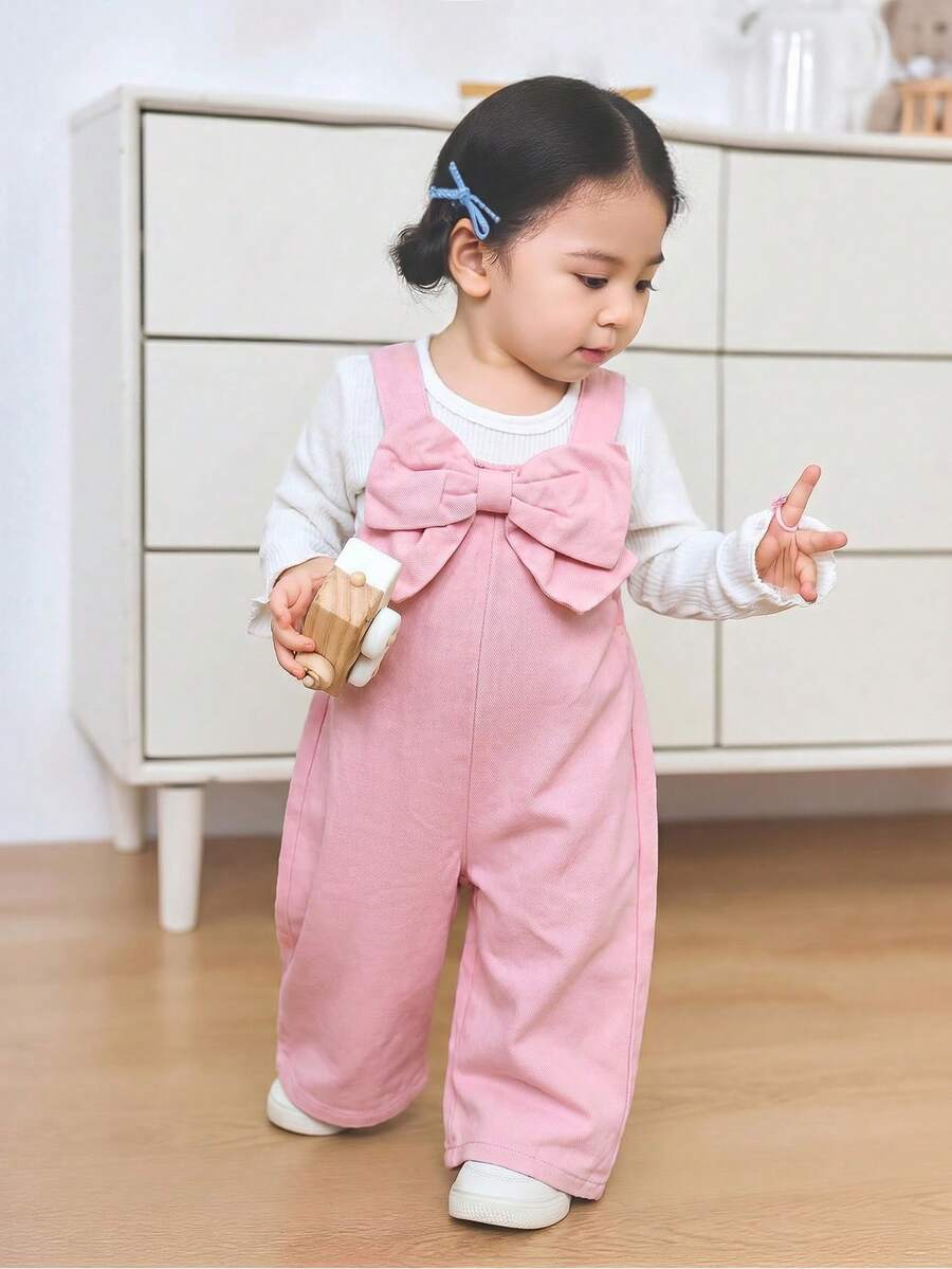 SHEIN Bộ áo liền quần dáng rộng bằng vải denim màu xanh dương điểm nhấn nơ 3D cho bé gái. - Hồng - Xem 1