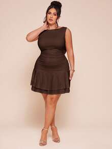 SHEIN BAE Plus Size Women Sleeveless Solid White Ruched Back Bow Decor Mini Dress - Brown - View 4