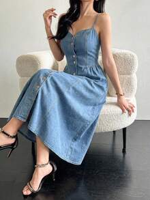 DAZY Women's A-Line Denim Dress With Spaghetti Strap, Flared Skirt, Spring/Summer Sun Dresses For Women - Blue - View 5