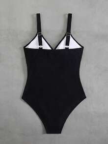 Swim Lushoire 1pc Striped Special Fabric Criss-Cross Front One-Piece Swimsuit - Black and White - View 4
