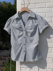 Comfortcana 女士藏蓝色条纹短款泡泡袖单排扣休闲衬衫，夏季服装，夏季上衣 - 藏蓝色 - 查看 4