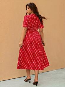 Elaquor Plus Size Polka Dot Print Deep V-Neck Twist Knot Casual Short Sleeve Dress - Red - View 3