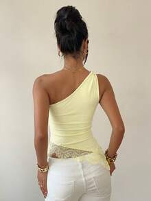 SXSiren Gaze Blusa de mujer elegante y ajustada con parches de encaje y nudo retorcido de un solo hombro, color negro, top corto de carnaval, informal de verano, hombros descubiertos, espald - Amarillo claro 2 - Ver 3